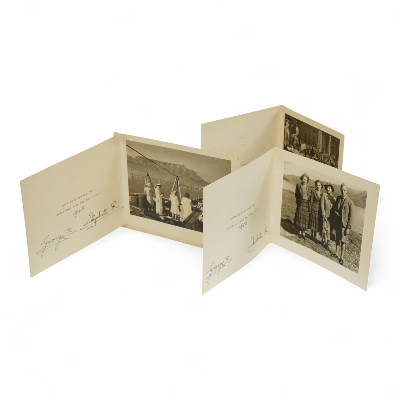 Three Royal Christmas cards from HM King George VI and Queen Elizabeth for 1948, 1949 and 1950, published by Raphael Tuck and Sons Ltd. with gilt embossed crowns on the front, inside; ‘with best wishes for Christmas and